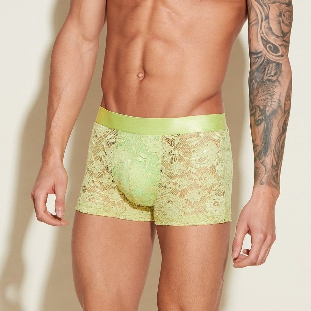 Cosabella Never Say Never Mens Lace Boxer Briefs Lime Green Floral Sheer